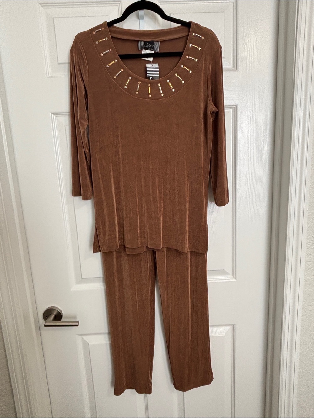 Vintage Y2K 2 Piece Brown Slinky Stretch Pant Set Embellished Top XS